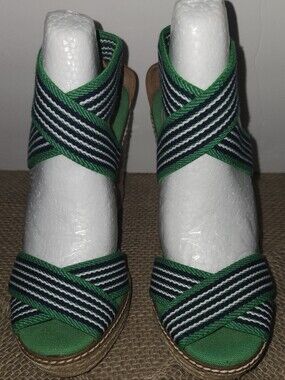 Tory Burch Green Striped Espadrille Wedge Sandals